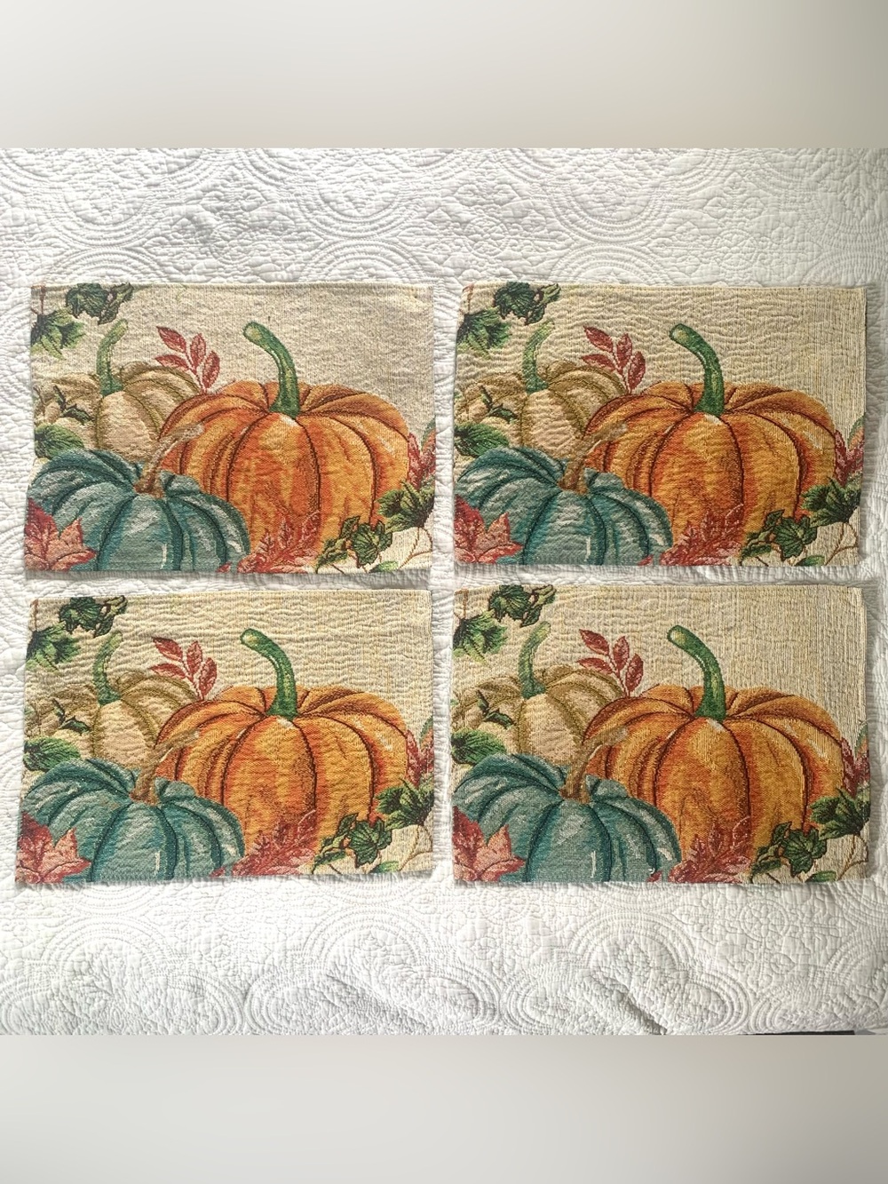 Fall Pumpkin Tapestry Placemats (4) Autumn Fabric Shimmer Rectangular 17x13